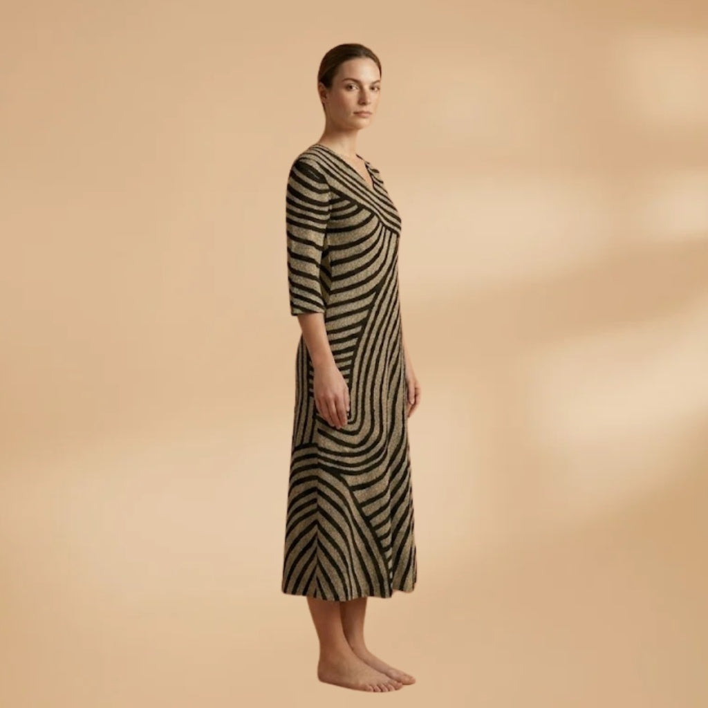Adriana | Vestido Midi Estampado Listrado Mulher Decote V