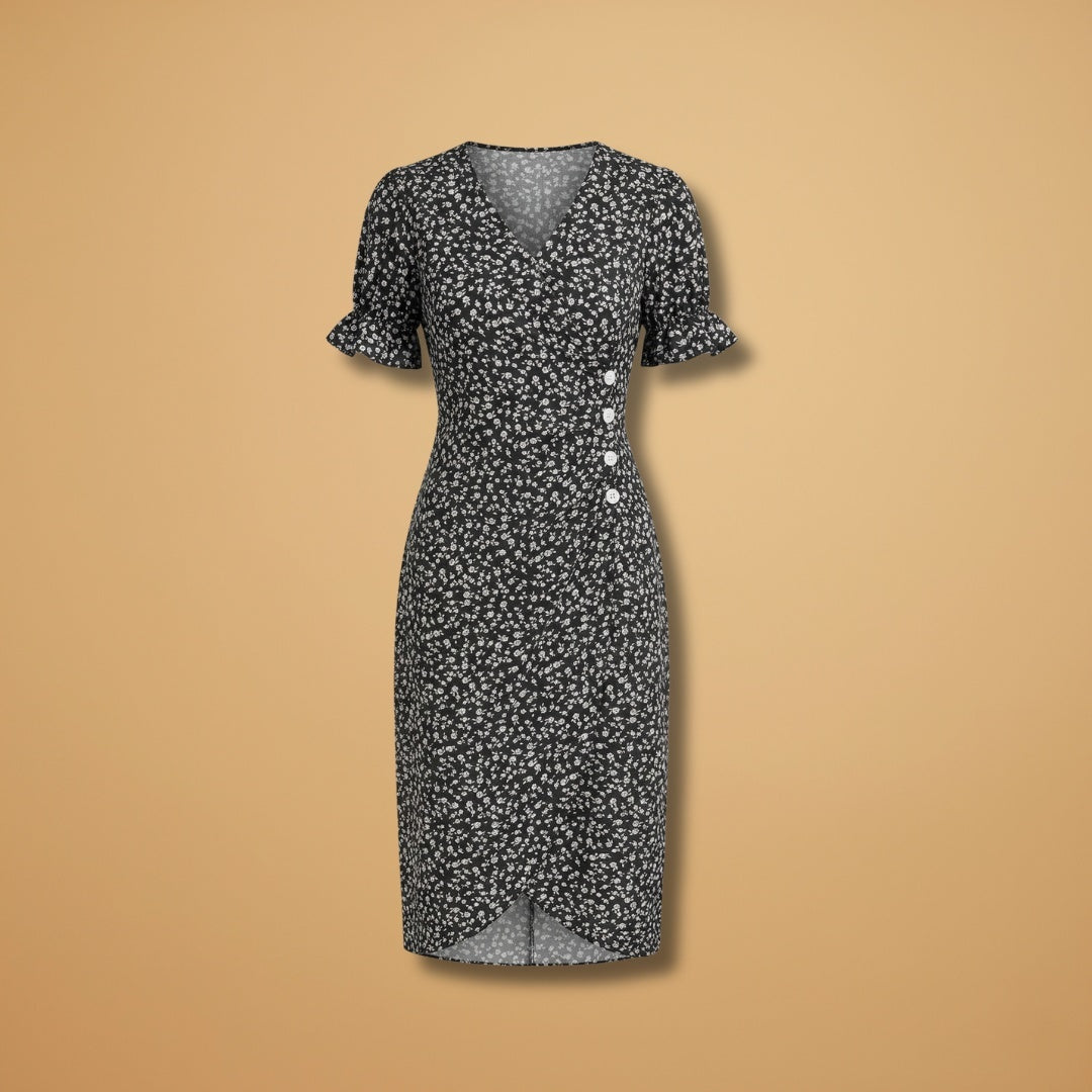 Filipa | Vestido Midi Estampado Mulher Decote V Botões