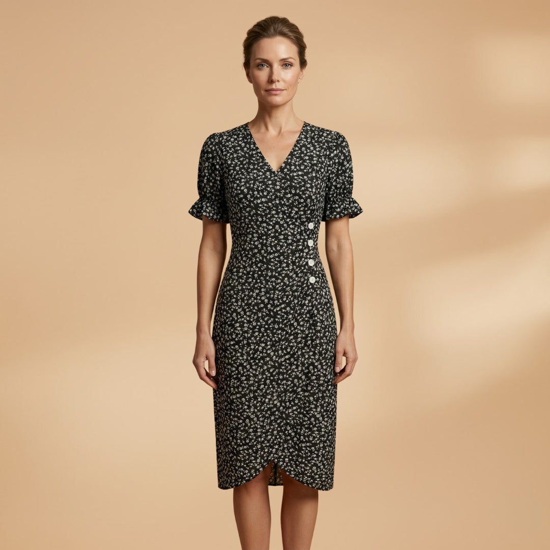 Filipa | Vestido Midi Estampado Mulher Decote V Botões
