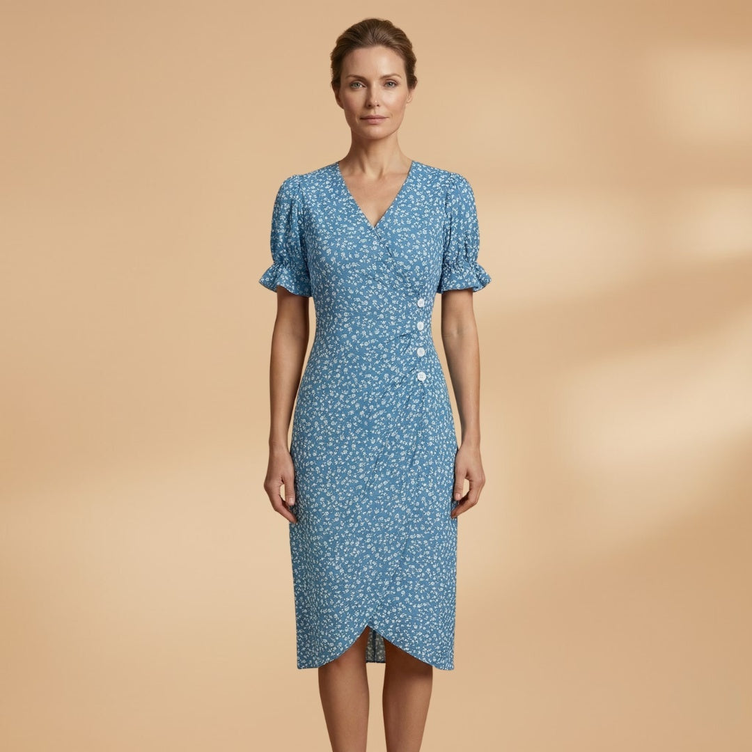 Filipa | Vestido Midi Estampado Mulher Decote V Botões