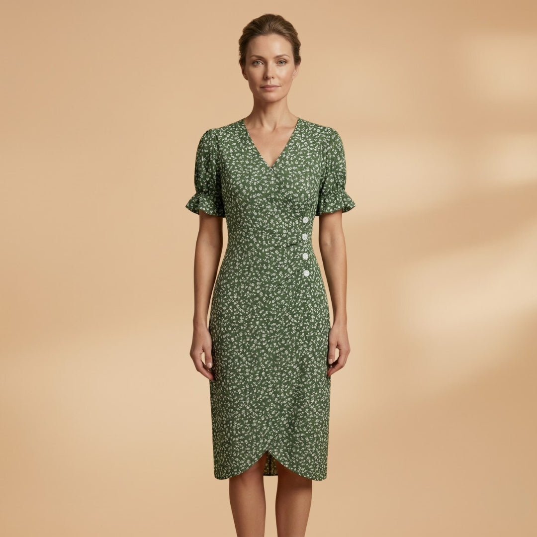 Filipa | Vestido Midi Estampado Mulher Decote V Botões