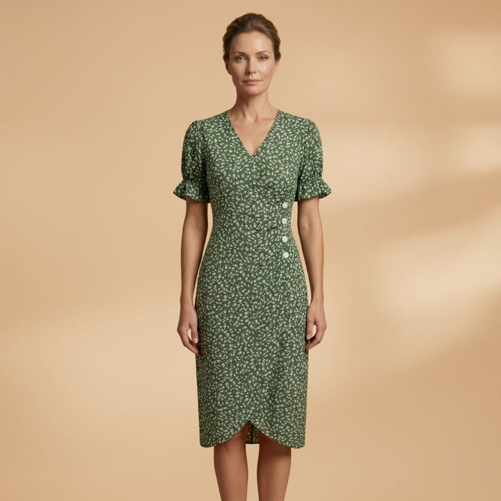 Filipa | Vestido Midi Estampado Mulher Decote V Botões