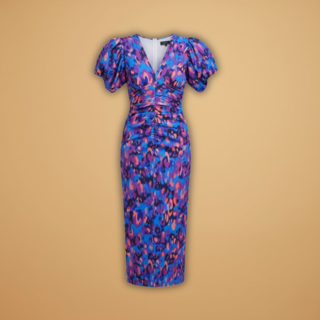 Manuela | Vestido Midi Estampado Mulher Decote V Mangas Bufantes