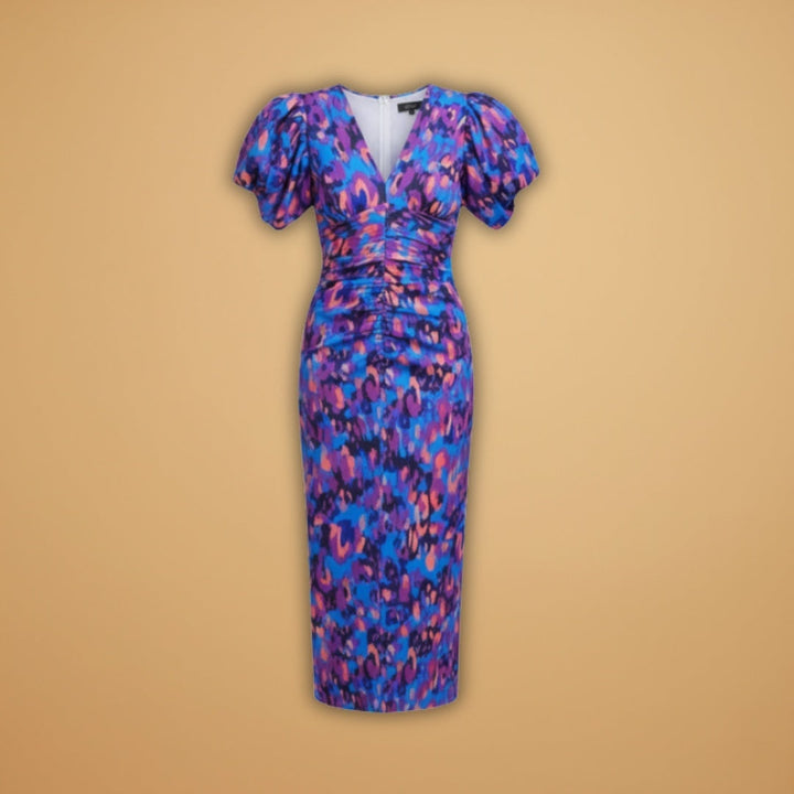 Manuela | Vestido Midi Estampado Mulher Decote V Mangas Bufantes