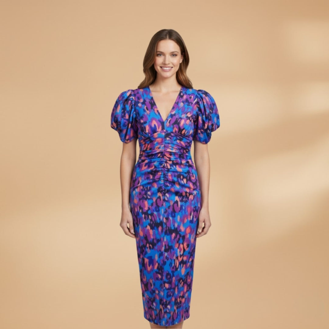 Manuela | Vestido Midi Estampado Mulher Decote V Mangas Bufantes