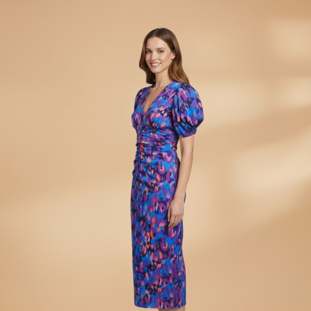 Manuela | Vestido Midi Estampado Mulher Decote V Mangas Bufantes