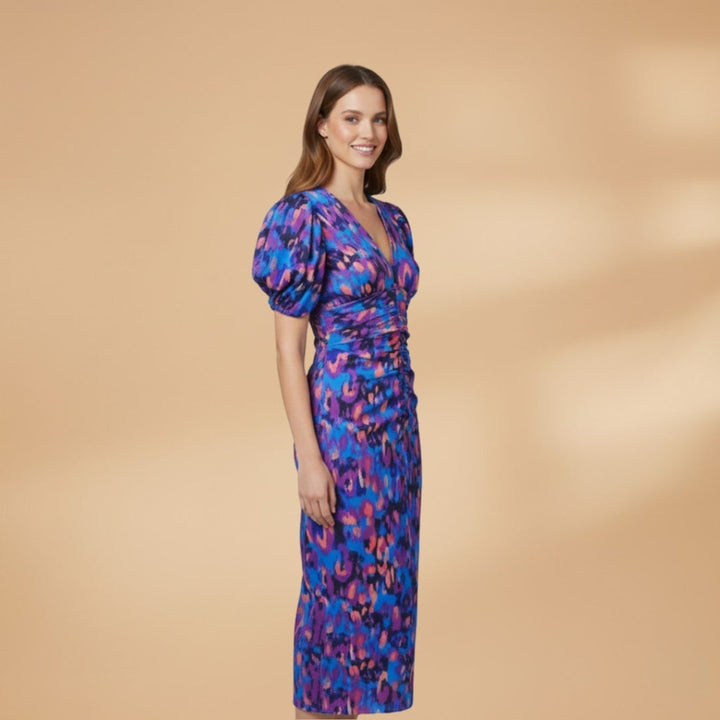 Manuela | Vestido Midi Estampado Mulher Decote V Mangas Bufantes
