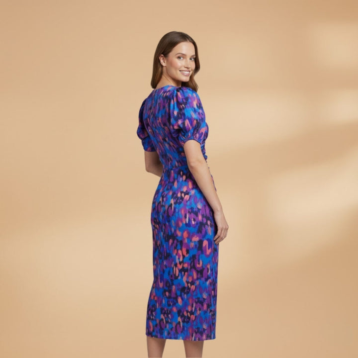 Manuela | Vestido Midi Estampado Mulher Decote V Mangas Bufantes