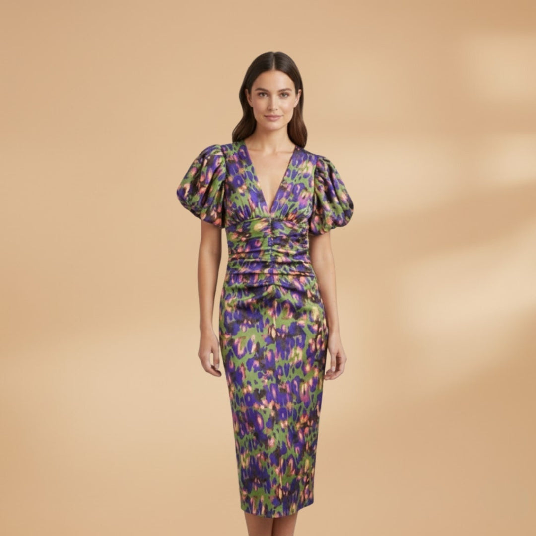 Manuela | Vestido Midi Estampado Mulher Decote V Mangas Bufantes