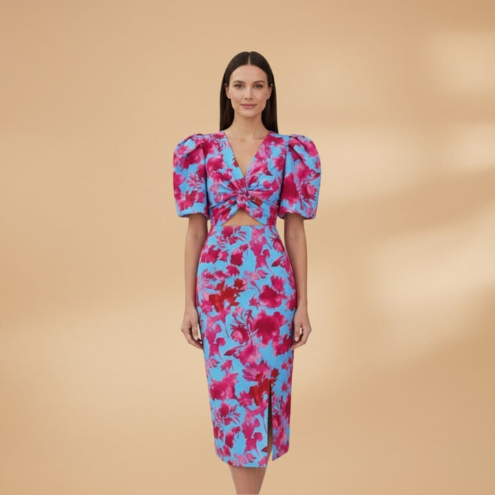 Manuela | Vestido Midi Estampado Mulher Decote V Mangas Bufantes