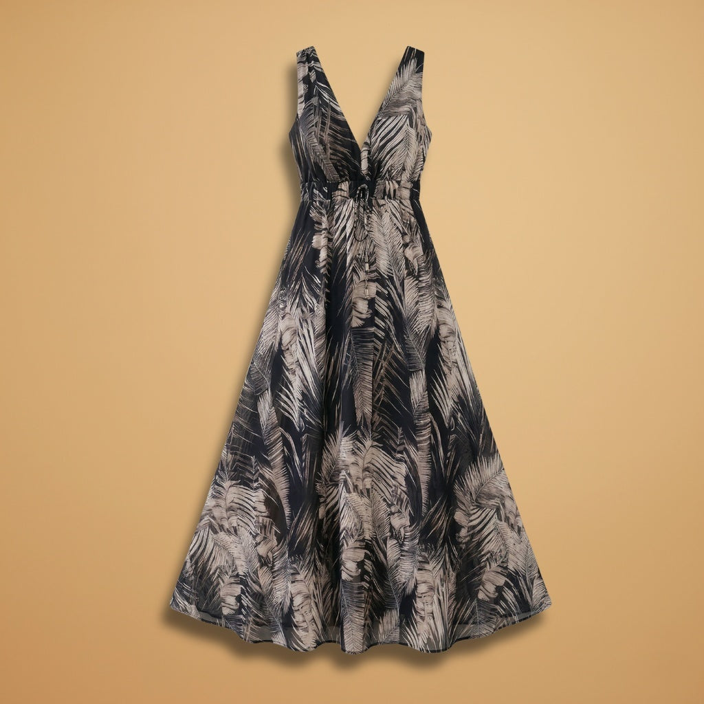 Francisca | Vestido Midi Estampado Tropical Mulher Decote V