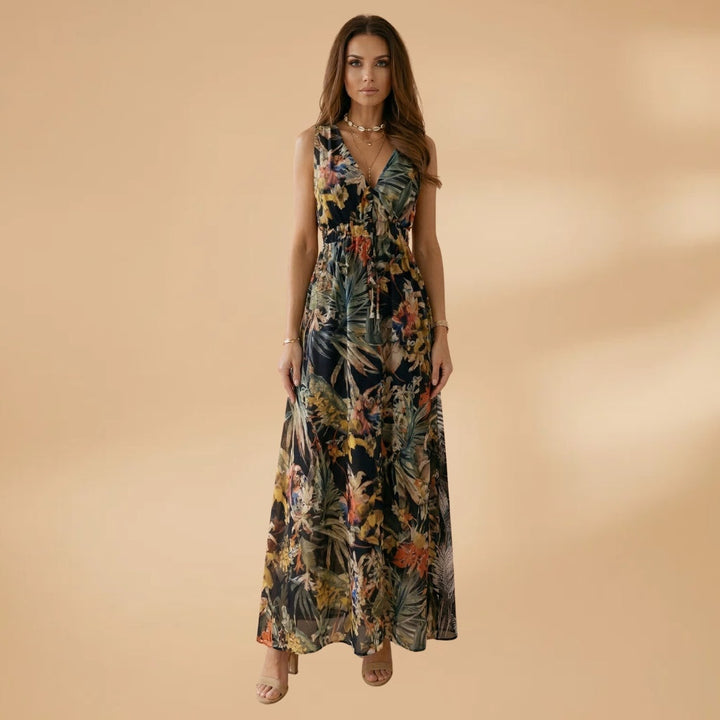 Francisca | Vestido Midi Estampado Tropical Mulher Decote V