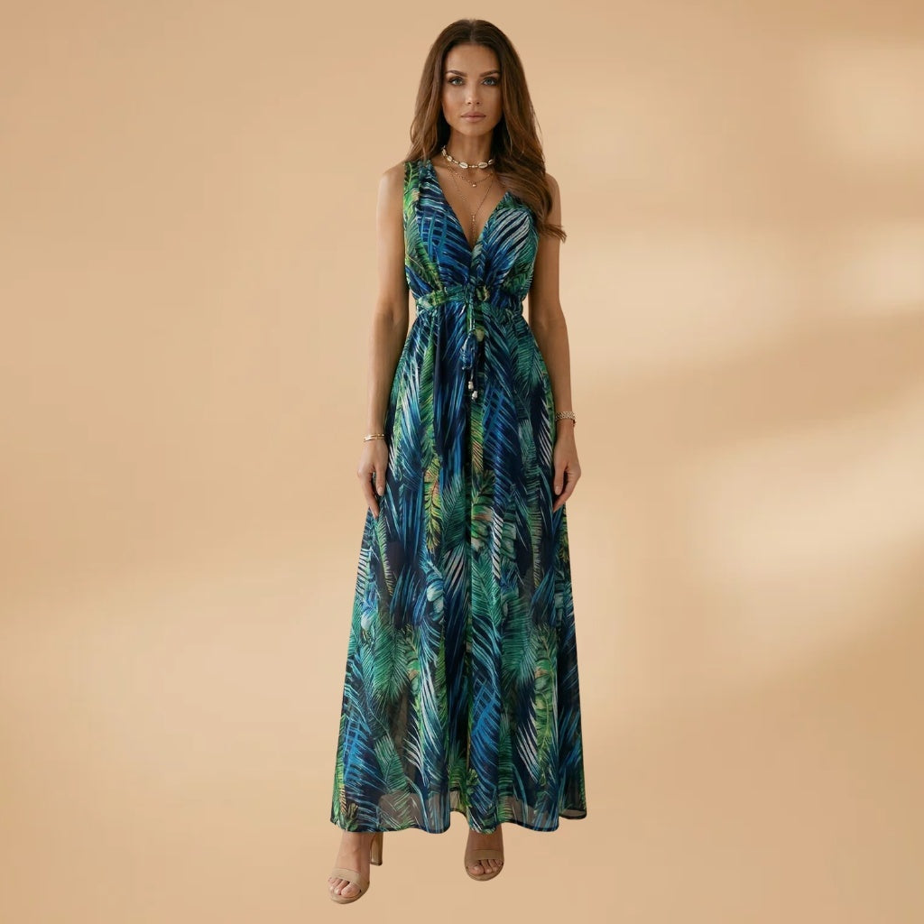 Francisca | Vestido Midi Estampado Tropical Mulher Decote V
