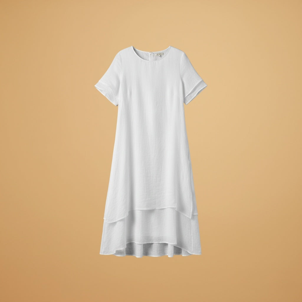 Paula | Vestido Midi Manga Curta Mulher Assimétrico