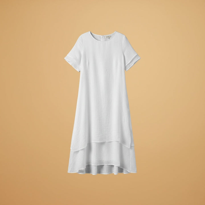 Paula | Vestido Midi Manga Curta Mulher Assimétrico