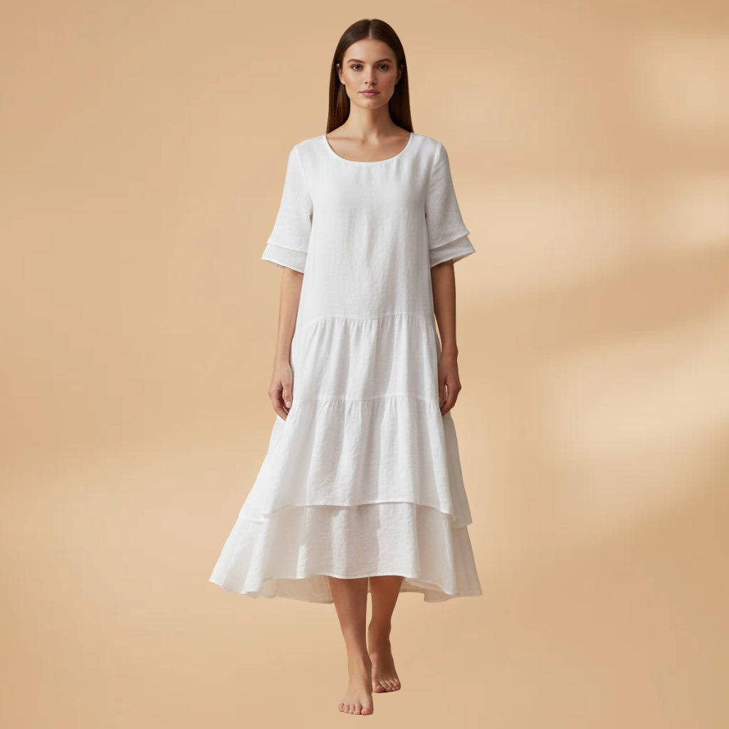 Paula | Vestido Midi Manga Curta Mulher Assimétrico