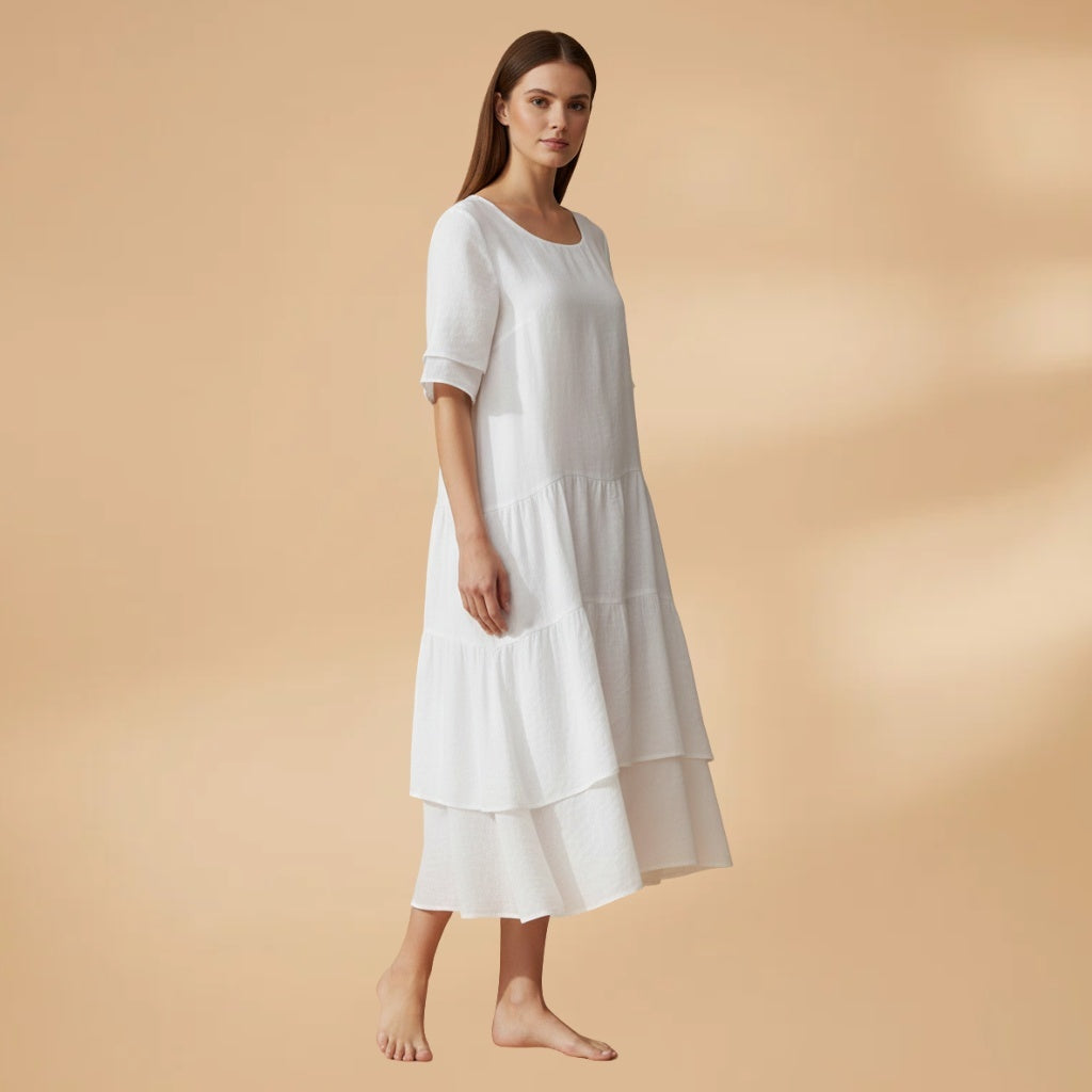 Paula | Vestido Midi Manga Curta Mulher Assimétrico