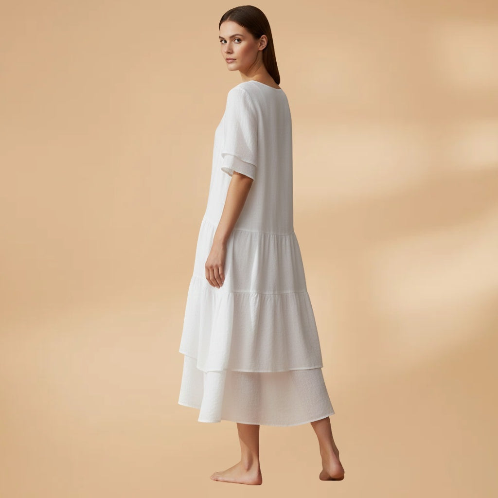 Paula | Vestido Midi Manga Curta Mulher Assimétrico