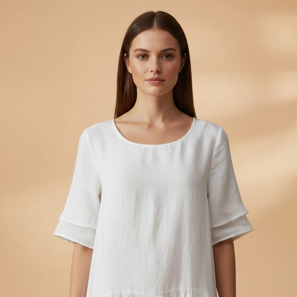 Paula | Vestido Midi Manga Curta Mulher Assimétrico