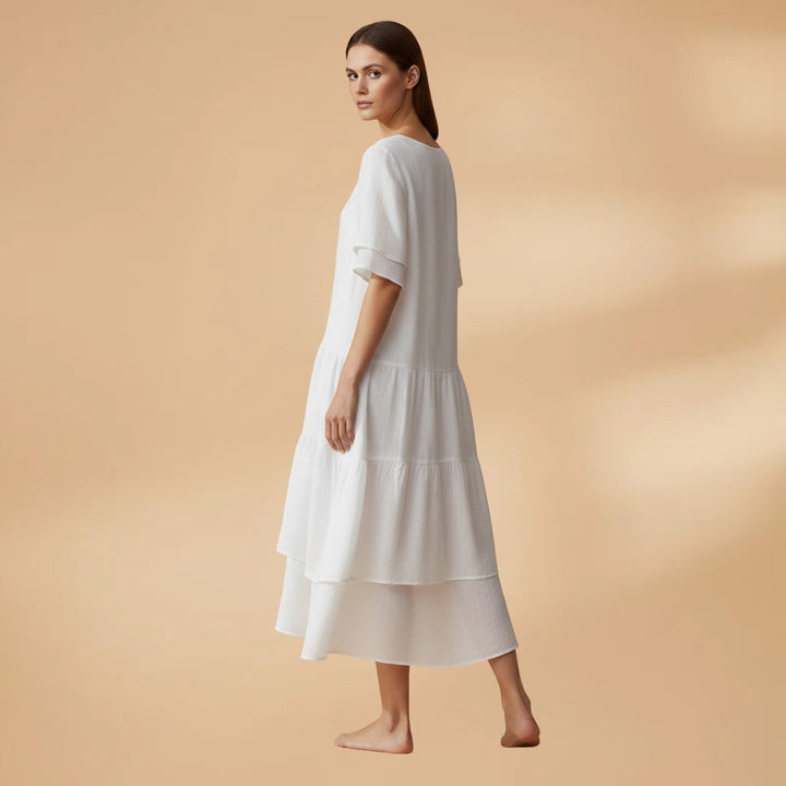 Paula | Vestido Midi Manga Curta Mulher Assimétrico