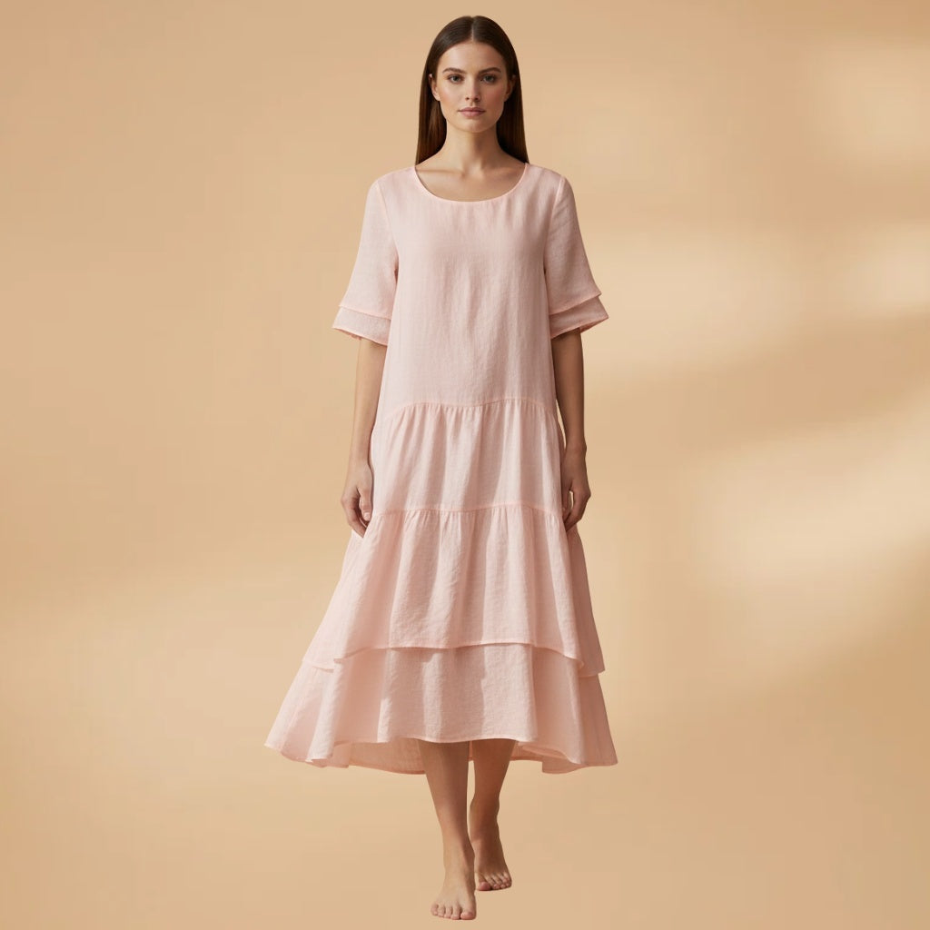 Paula | Vestido Midi Manga Curta Mulher Assimétrico