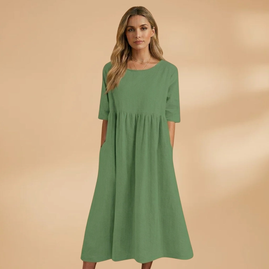 Margarida | Vestido Midi Manga Curta Mulher Cintura Marcada
