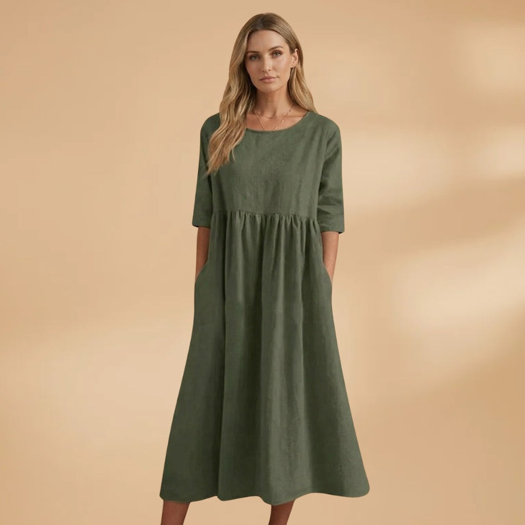 Margarida | Vestido Midi Manga Curta Mulher Cintura Marcada