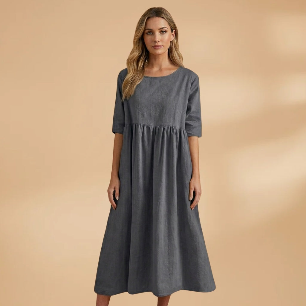 Margarida | Vestido Midi Manga Curta Mulher Cintura Marcada