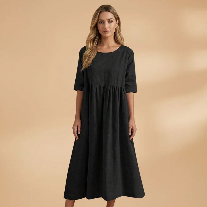 Margarida | Vestido Midi Manga Curta Mulher Cintura Marcada