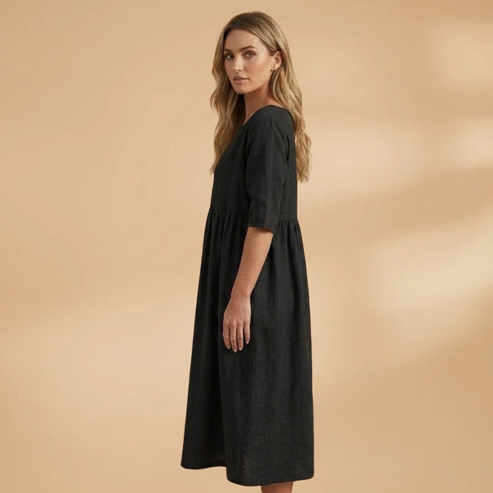 Margarida | Vestido Midi Manga Curta Mulher Cintura Marcada