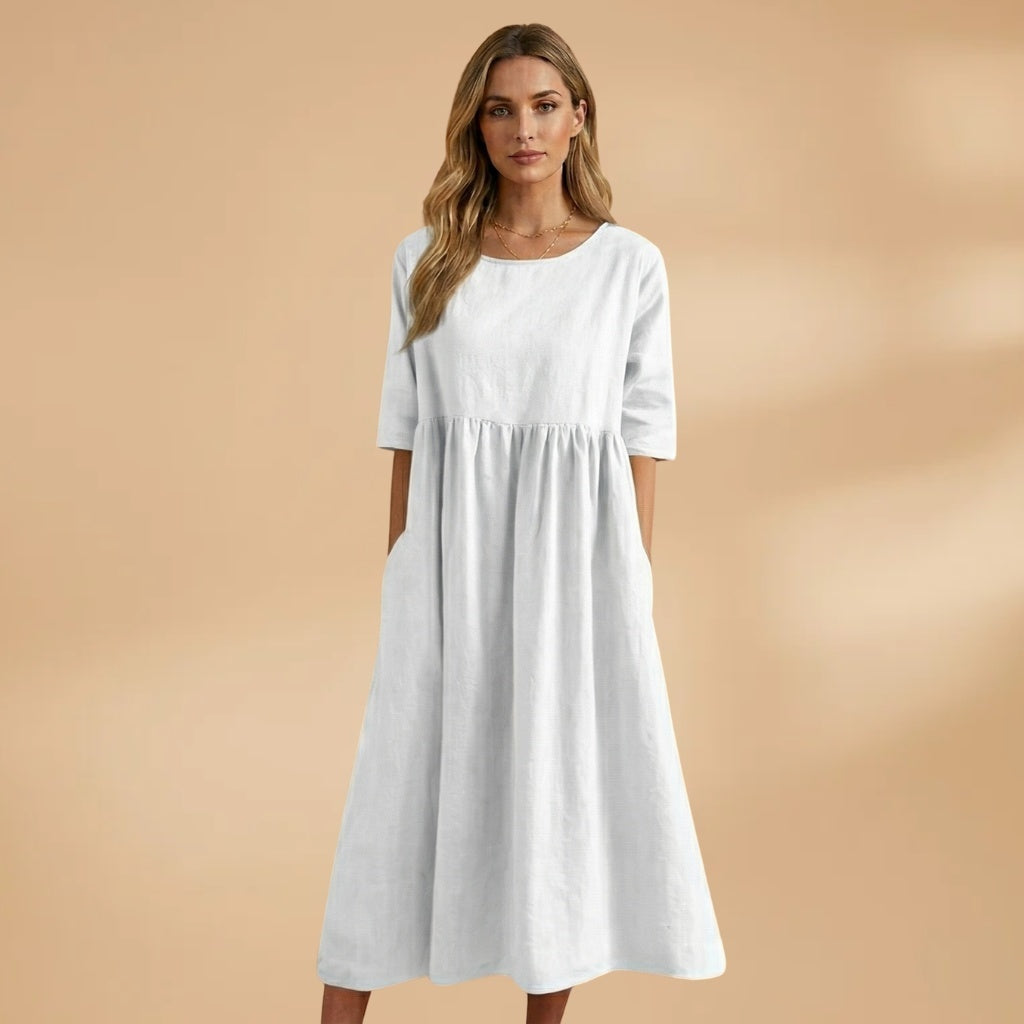 Margarida | Vestido Midi Manga Curta Mulher Cintura Marcada