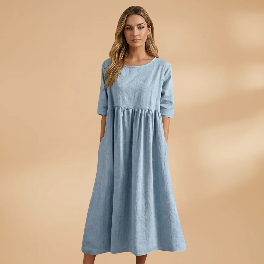 Margarida | Vestido Midi Manga Curta Mulher Cintura Marcada