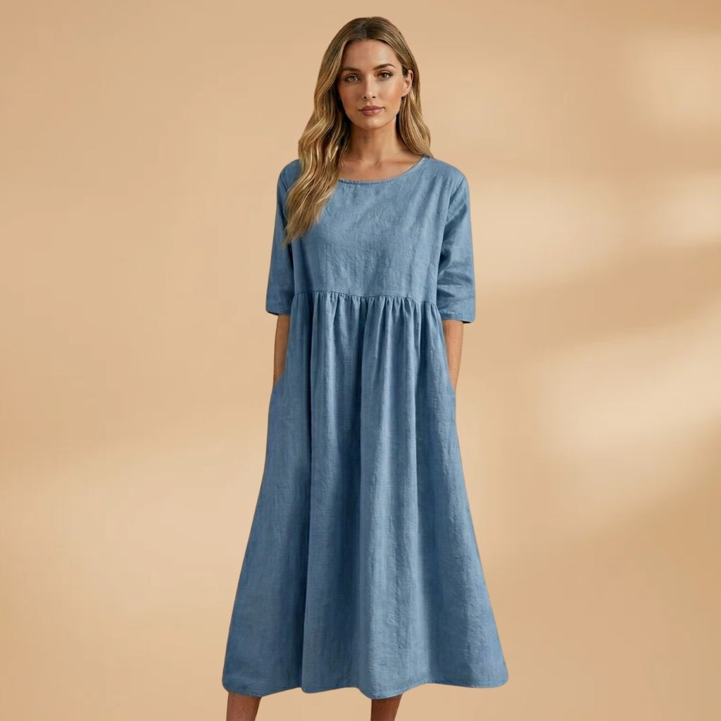 Margarida | Vestido Midi Manga Curta Mulher Cintura Marcada