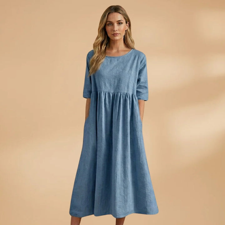 Margarida | Vestido Midi Manga Curta Mulher Cintura Marcada