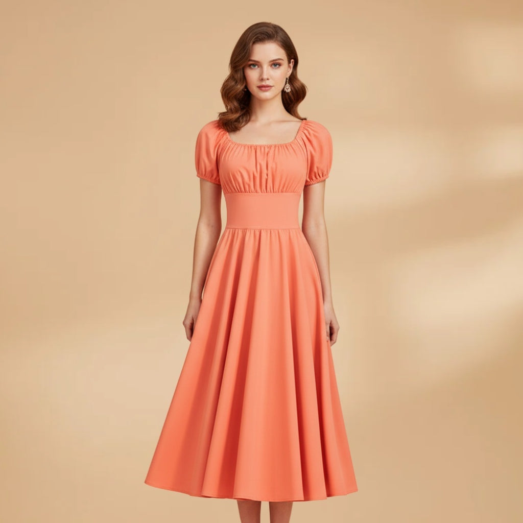 Constança | Vestido Midi Mangas Bufantes Mulher Cintura Ajustada