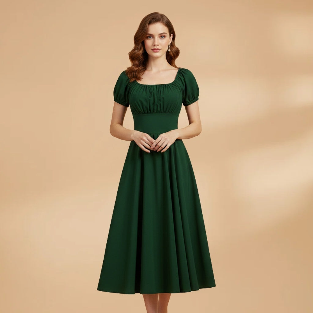 Constança | Vestido Midi Mangas Bufantes Mulher Cintura Ajustada