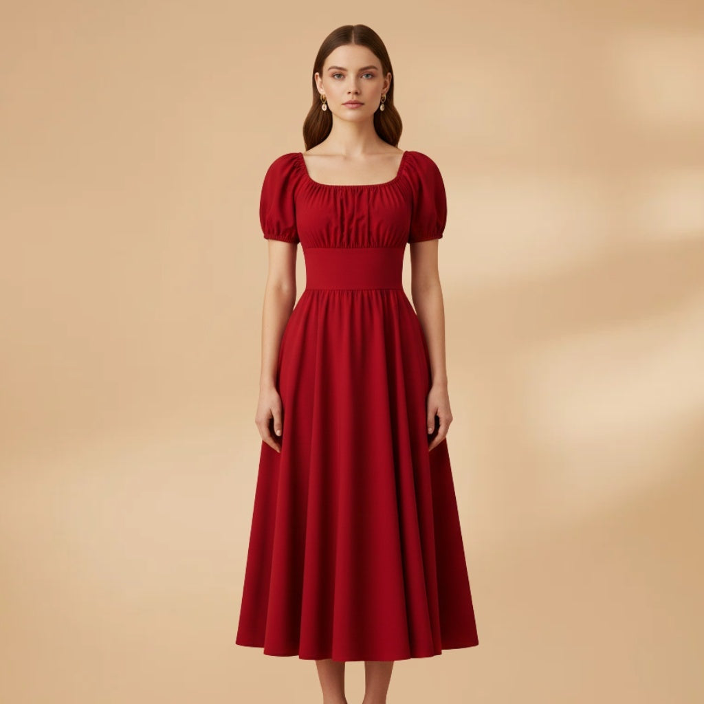 Constança | Vestido Midi Mangas Bufantes Mulher Cintura Ajustada