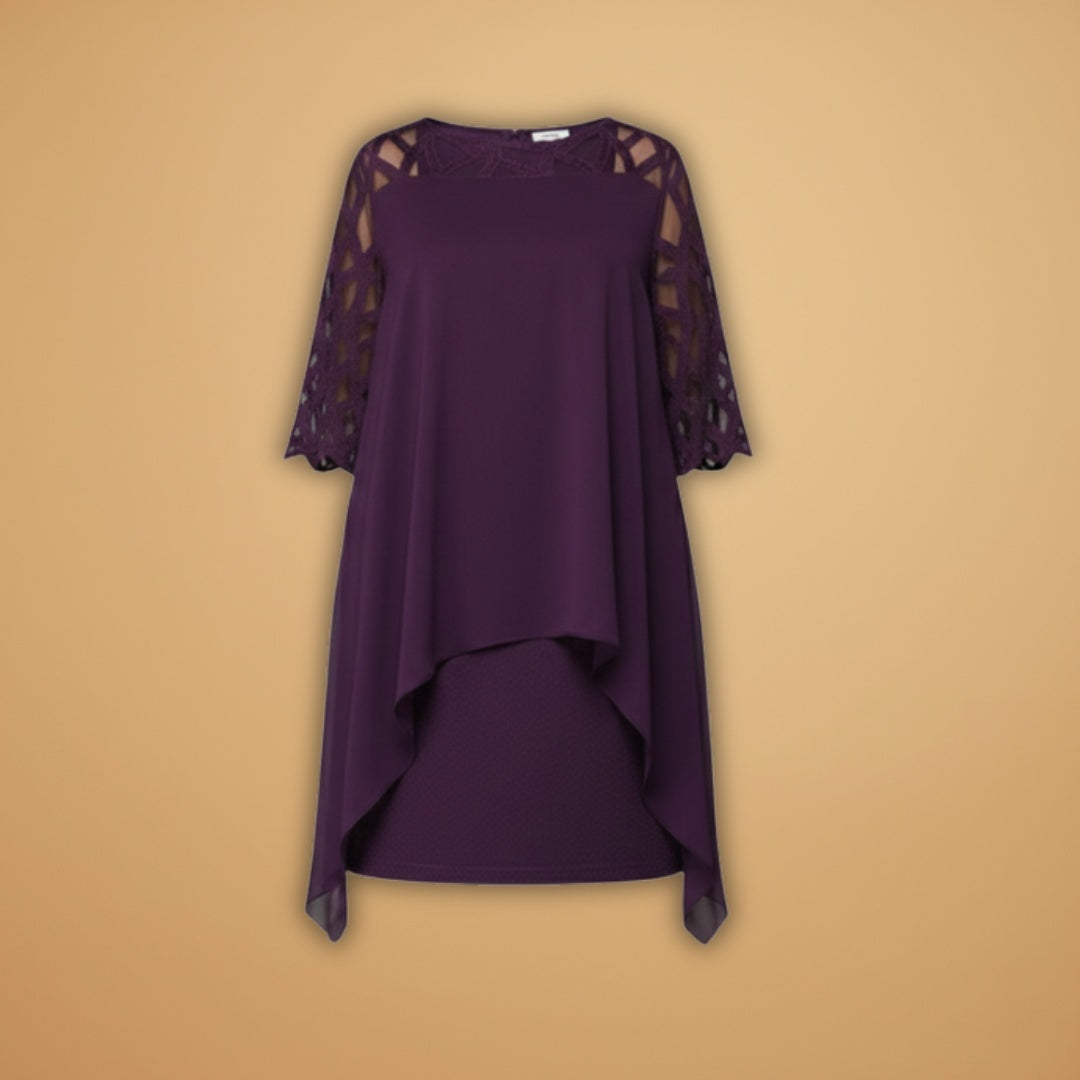 Paula | Vestido Midi Mulher Mangas Rendadas Assimétrico