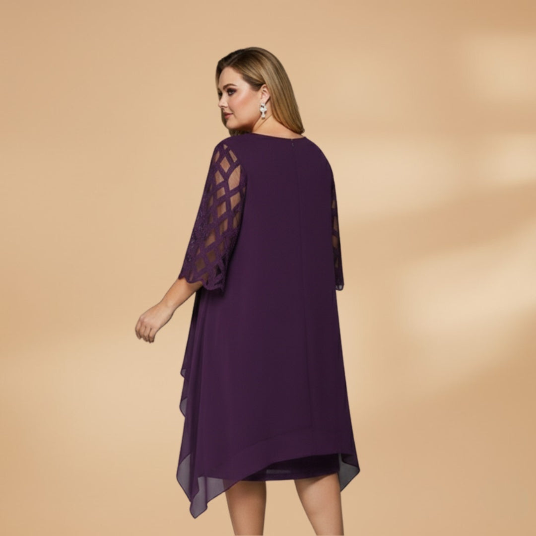 Paula | Vestido Midi Mulher Mangas Rendadas Assimétrico