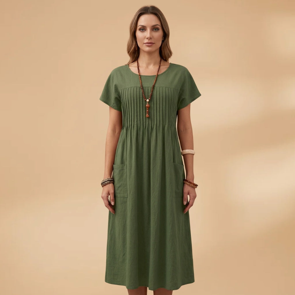 Conceição | Vestido Midi Plissado Mulher Manga Curta Bolsos