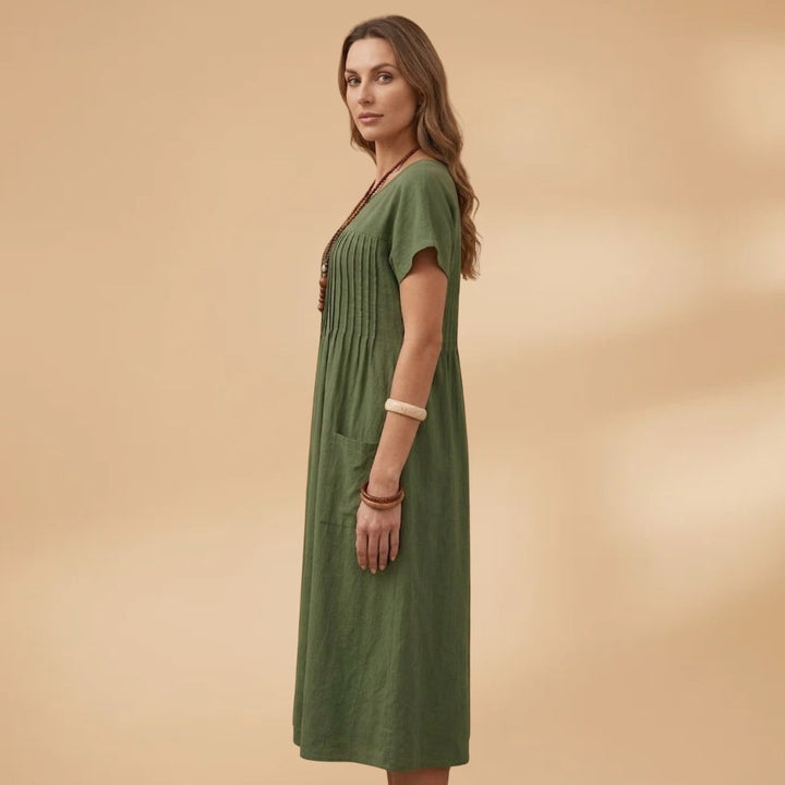Conceição | Vestido Midi Plissado Mulher Manga Curta Bolsos