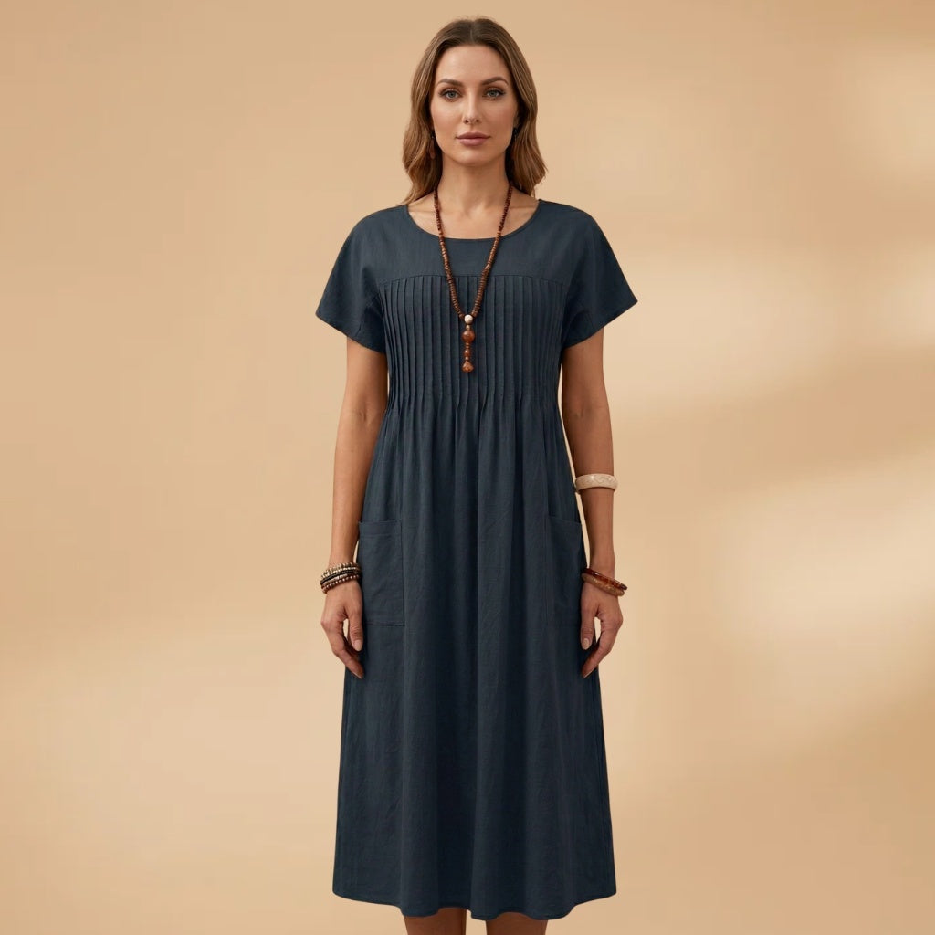 Conceição | Vestido Midi Plissado Mulher Manga Curta Bolsos