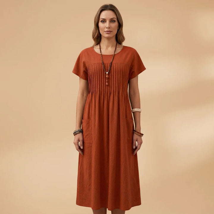 Conceição | Vestido Midi Plissado Mulher Manga Curta Bolsos
