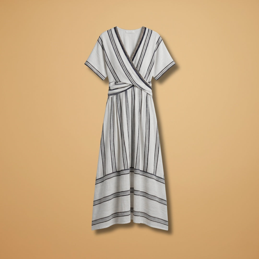 Alexandra | Vestido Midi Transpassado Mulher Às Riscas