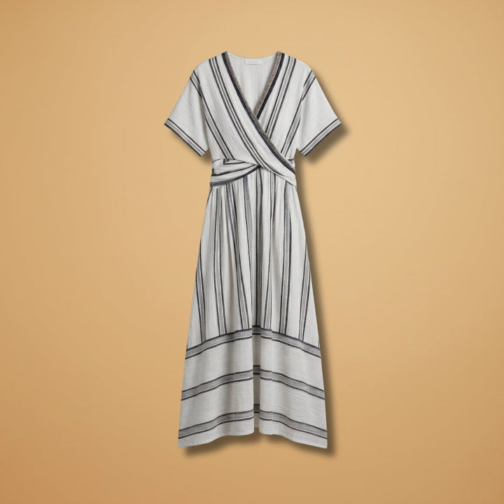 Alexandra | Vestido Midi Transpassado Mulher Às Riscas