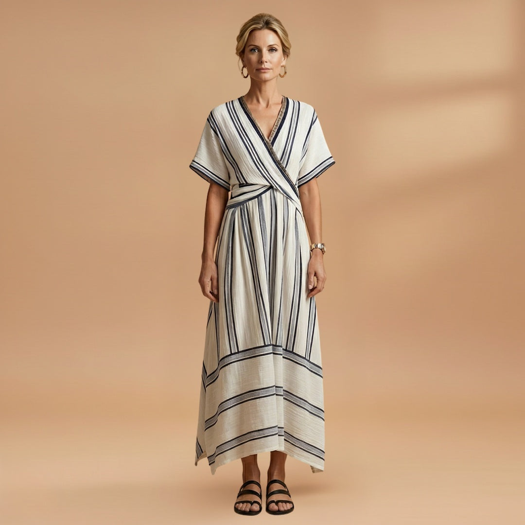 Alexandra | Vestido Midi Transpassado Mulher Às Riscas