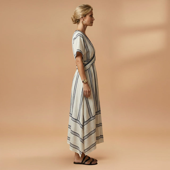 Alexandra | Vestido Midi Transpassado Mulher Às Riscas