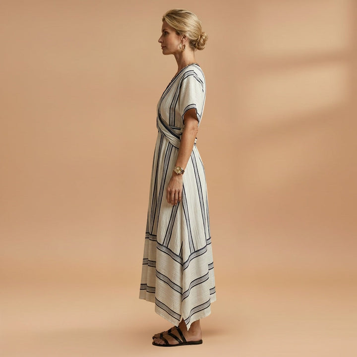 Alexandra | Vestido Midi Transpassado Mulher Às Riscas