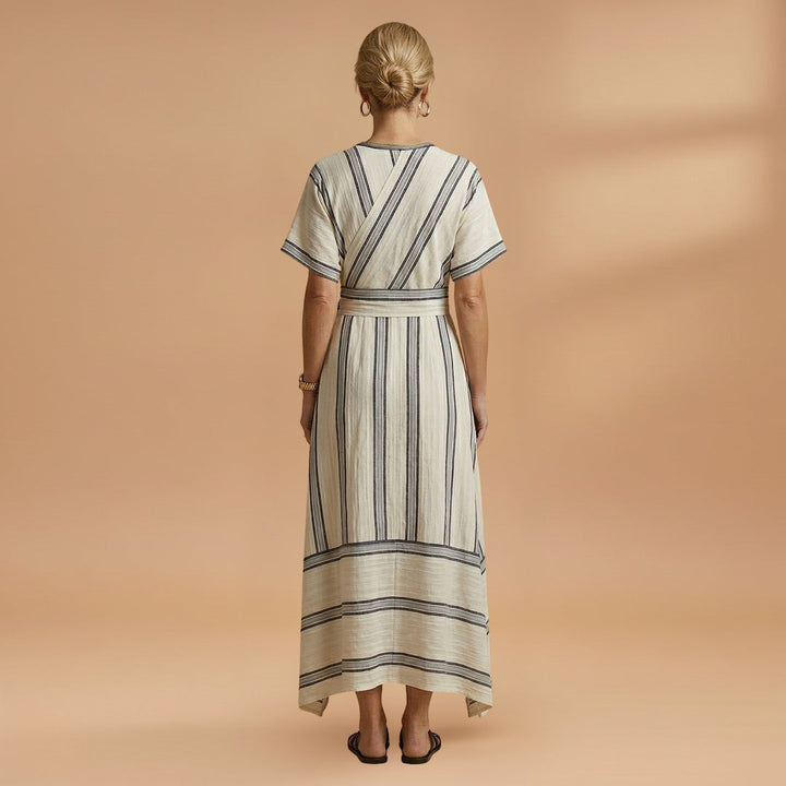 Alexandra | Vestido Midi Transpassado Mulher Às Riscas