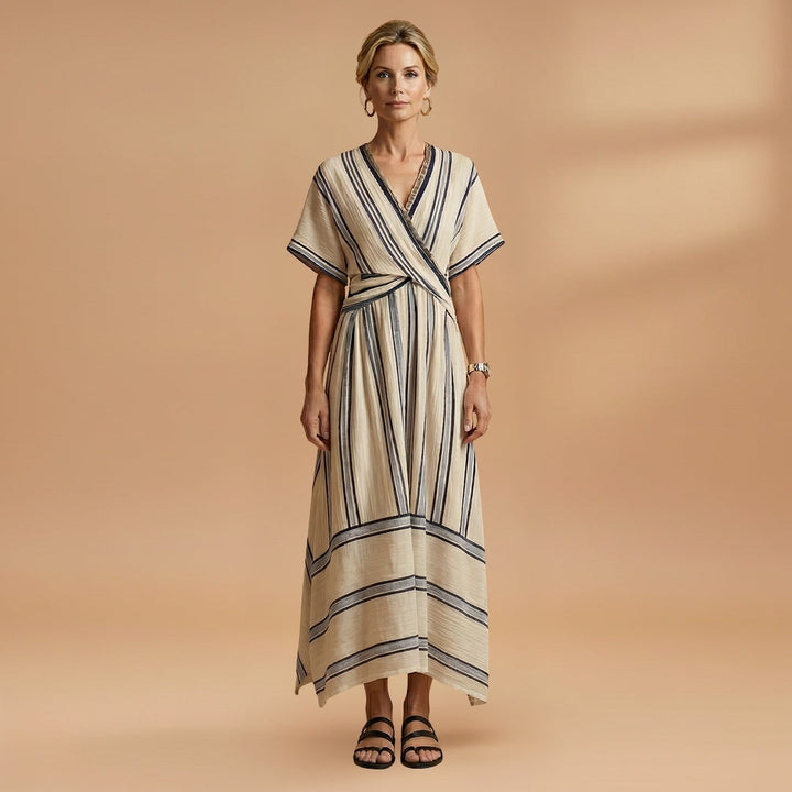 Alexandra | Vestido Midi Transpassado Mulher Às Riscas